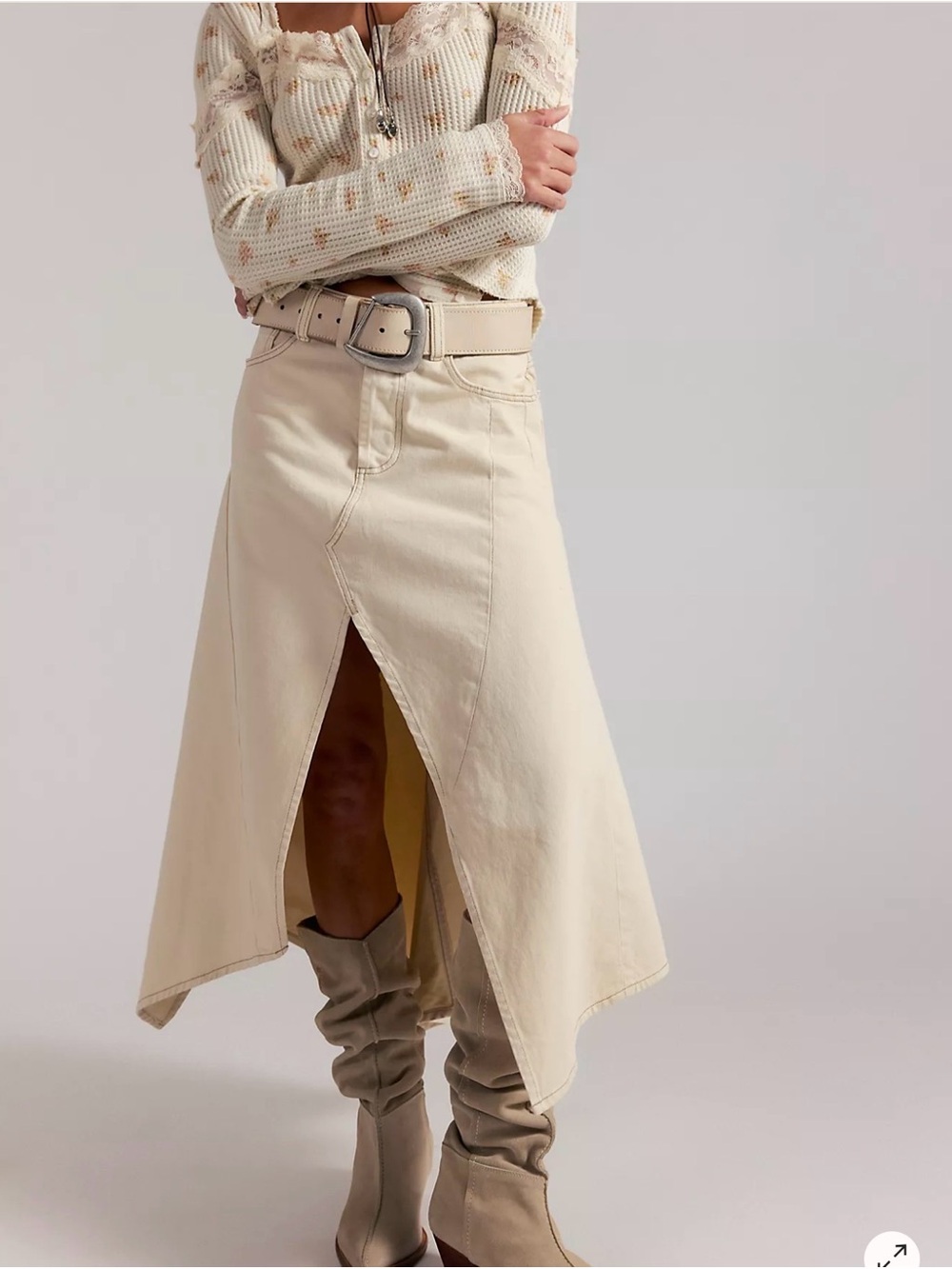 Free People Cream Asymmetrical Midi Skirt with Front Slit